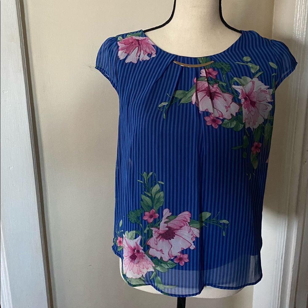 Blue and Pink Floral Cap Sleeve Blouse